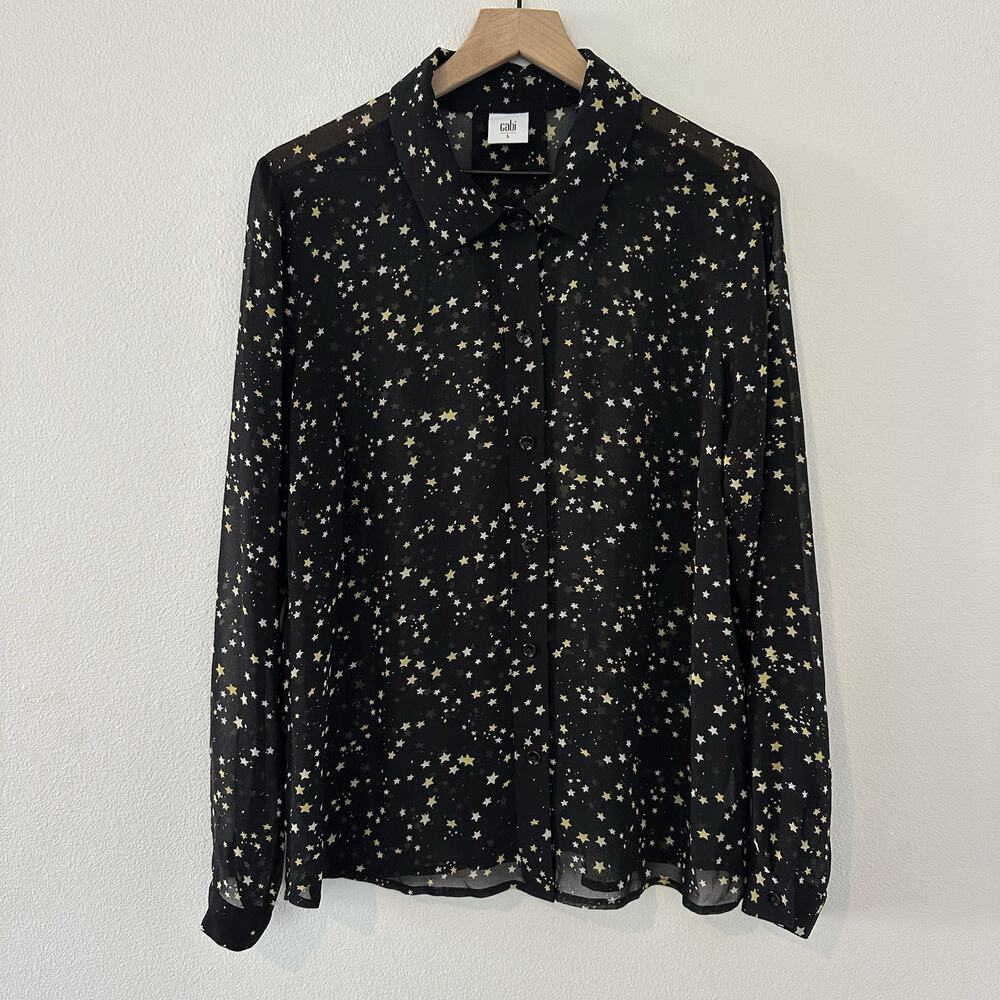 Cabi Sheer Star Print Button Down Blouse Sz L Black Yellow Celestial Whimsigoth